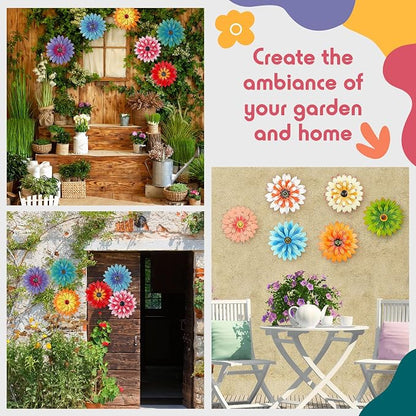 Zhehao 6 Pcs Flower Metal Wall Art Decor 8 Inch Flower Decorations for Indoor Outdoor, Hanging Sunflower Kitchen Decoration Metal Floral for Bathroom,Porch, Garden, Living Room, Yard(Cute Color)