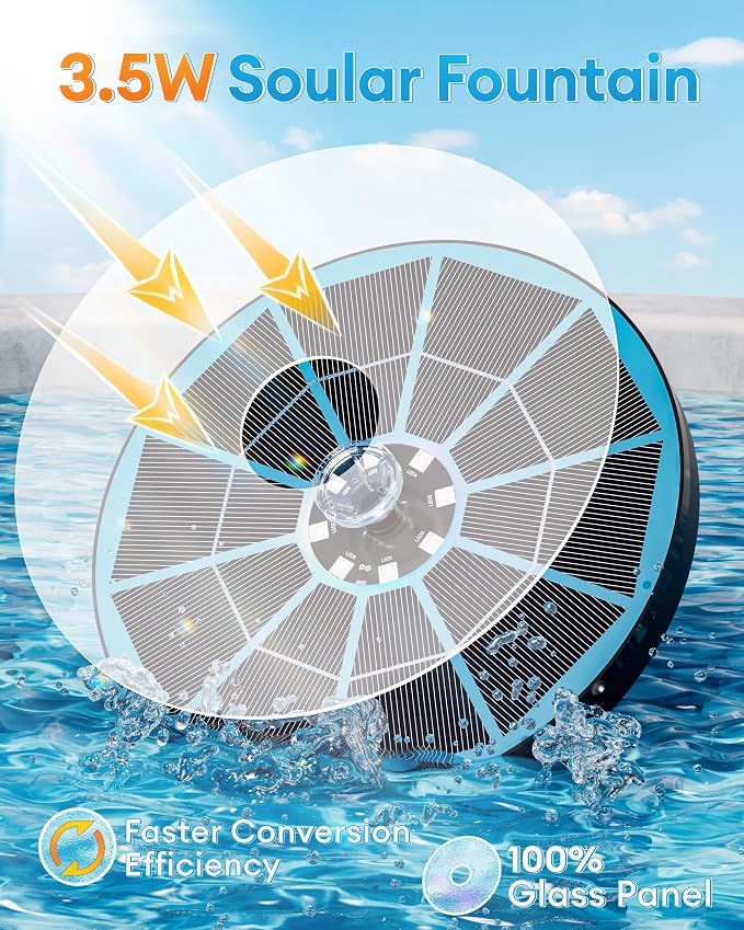 3.5W Solar Fountain,Upgraded 100% Glass Panel Solar Bird Bath Fountain with 2000mAh Battery,7 Color RGB LED Lights & 6 Nozzles,Solar Fountain for Bird Bath,Garden, Pond, Pool, Outdoor Decor(Blue)