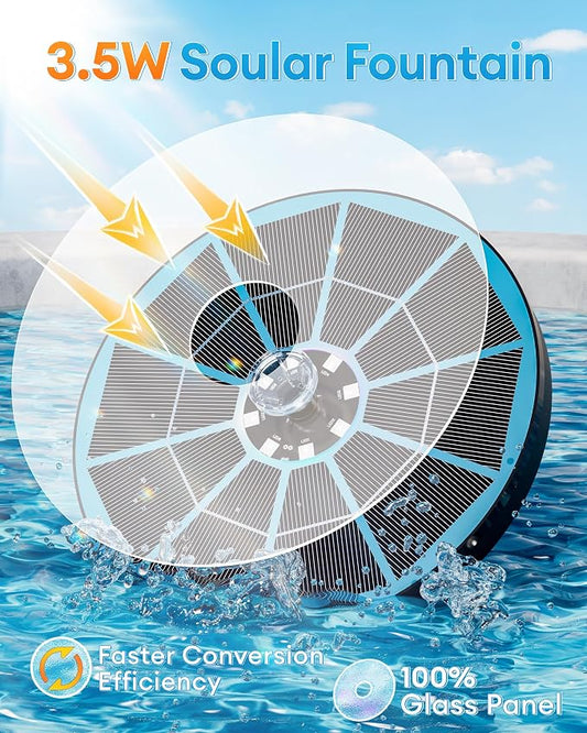 3.5W Solar Fountain,Upgraded 100% Glass Panel Solar Bird Bath Fountain with 2000mAh Battery,7 Color RGB LED Lights & 6 Nozzles,Solar Fountain for Bird Bath,Garden, Pond, Pool, Outdoor Decor(Blue)