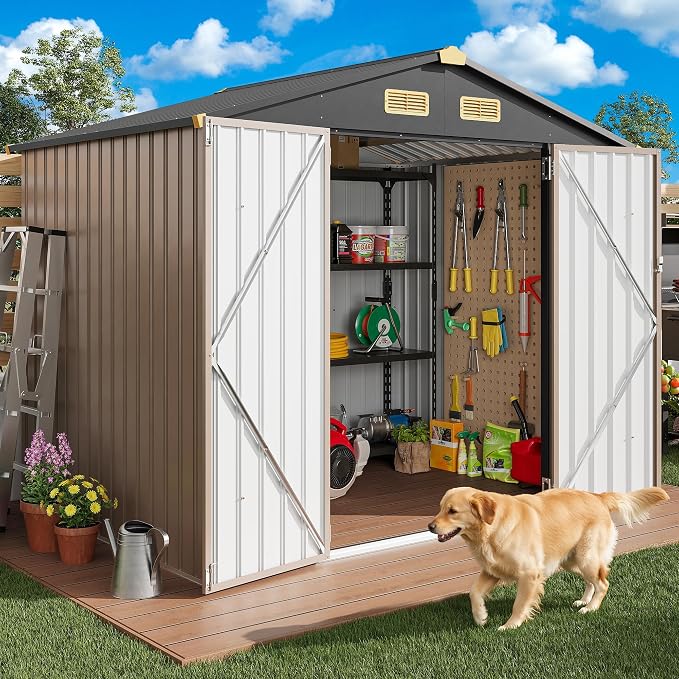 IRONCK 8x6FT Outdoor Storage Shed with Lockable Doors, 7.4x5.3FT Base Galvanized Steel Metal Garden Tool Shed with Breathable Vent for Yard Bins/Generator/Wheelbarrow Storage, Brown