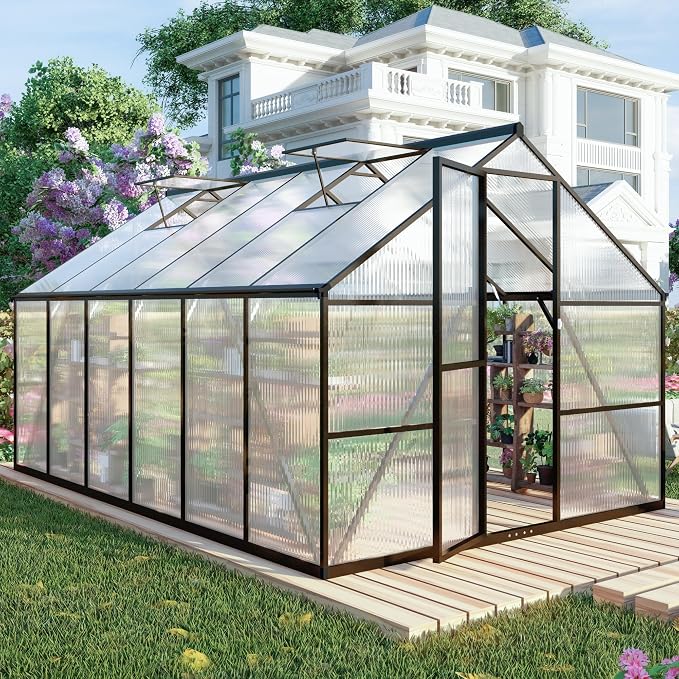 8x12 FT Greenhouses for Outdoors, Polycarbonate Greenhouse with PC Panels, Greenhouses for Outdoors for Yard, Garden, Hobby, Dark Gray