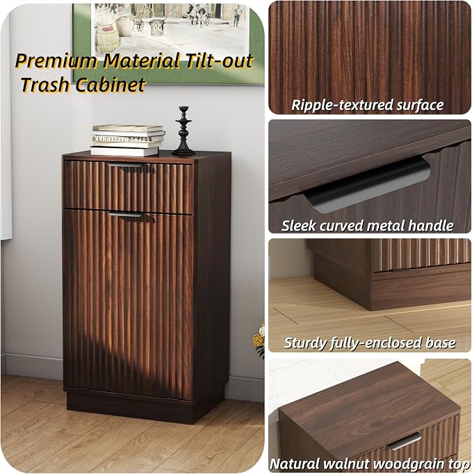 Ball & Cast 10-Gallon Tilt Out Trash Can Cabinet with Hideaway Drawer, Wooden Freestanding Garbage & Recycling Cabinet, Wave-Textured Pull-Out Bin for Kitchen, Bathroom, Living Room (Walnut)