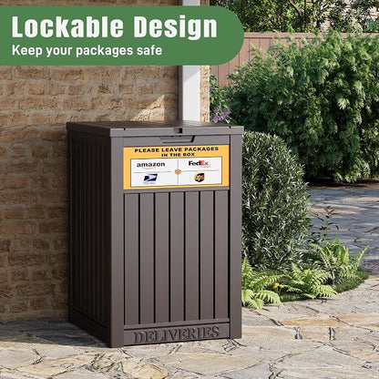 Outdoor Package Delivery Box with Lockable Secure and Sign, Resin Waterproof Outdoor Package Drop Container for Backyard, Garden, Patio & Lawn, Brown with Sign