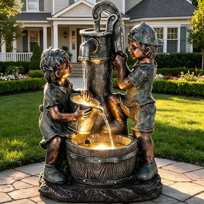 26" Boy and Girl Outdoor Fountain LED 3-Tier Cascading Waterfall | bronze finish, children drawing water scene, patio garden Porch