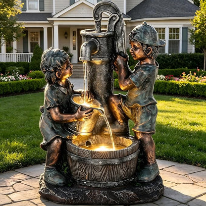 26" Boy and Girl Outdoor Fountain LED 3-Tier Cascading Waterfall | bronze finish, children drawing water scene, patio garden Porch