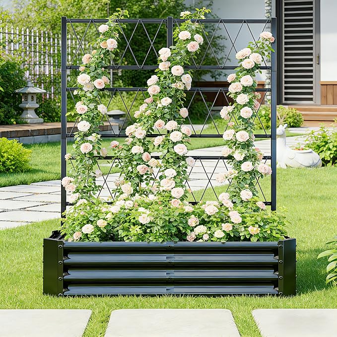 Galvanized Raised Garden Bed with Trellis for Climbing Plants Outdoor,Metal Vertical Garden Planter Box with Trellis,Heavy Duty Elevated Garden Bed for Vegetables Tomatoes Cucumbers Flowers Herb,Black