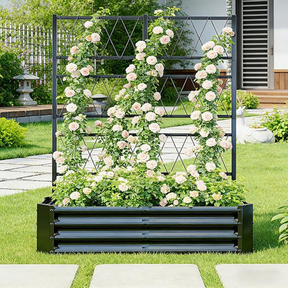 Galvanized Raised Garden Bed with Trellis for Climbing Plants Outdoor,Metal Vertical Garden Planter Box with Trellis,Heavy Duty Elevated Garden Bed for Vegetables Tomatoes Cucumbers Flowers Herb,Black