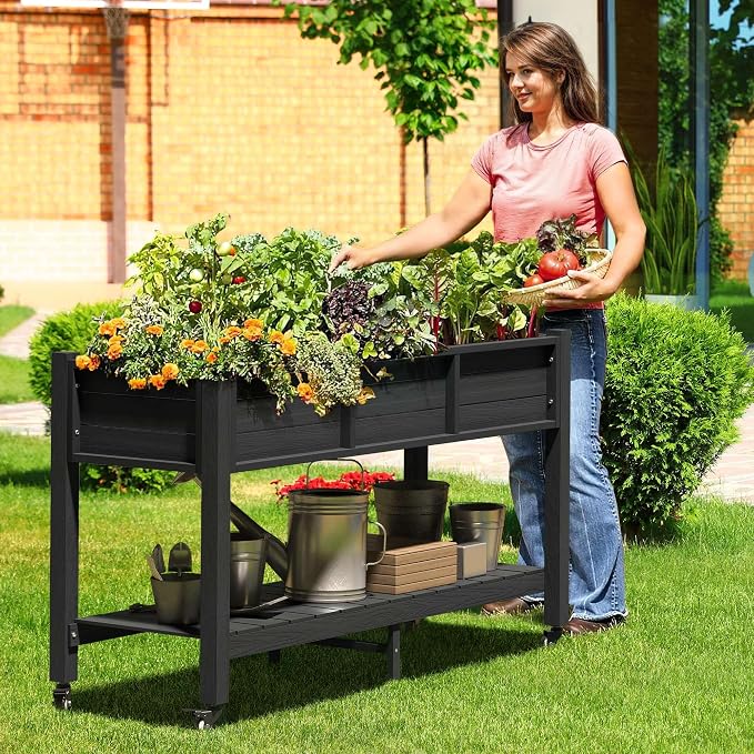 DWVO 47x18x31in Raised Garden Bed Outdoor HDPE with Legs and Lockable Wheels, Weather-Resistant Poly-Wood Elevated Planter Box, Double Tier Planters for Backyard Patio Balcony, Black