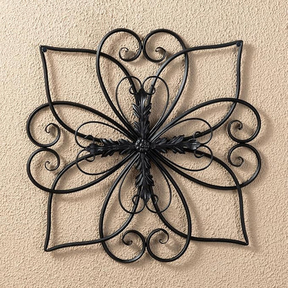 Glitzhome Black Metal Wall Art Decor, 20 Inch Iron Wall Decor with Heart and Petal Scroll Design, Indoor Outdoor Wall Accent for Garden Porch Patio
