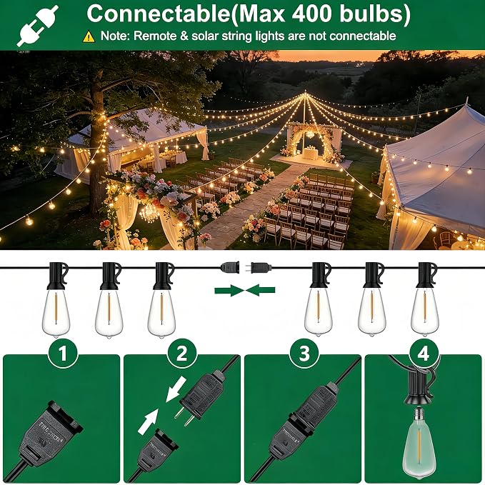 Outdoor String Lights, Waterproof Shatterproof ST38 Vintage Bulbs | 50FT Length, Dimmable & Connectable, 2700K Warm White, ideal for Balcony, Porch, Party, Patio & Indoor Decoration