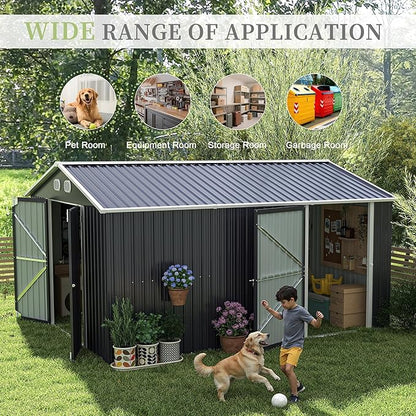 YOPTO 12X10 FT Metal Outdoor Storage Shed W/Flower Pot Stand,Dark Gray | 3 Lockable Doors,Air Vent,Sloped Roof,Reinforced Structure,Waterproof Outdoor Shed for Garden,Patio,Backyard,Lawn