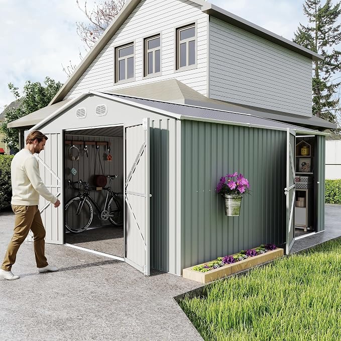 YOPTO 12X10 FT Metal Outdoor Storage Shed W/Flower Pot Stand,White | 3 Lockable Doors,Air Vent,Sloped Roof,Reinforced Structure,Waterproof Outdoor Shed for Garden,Patio,Backyard,Lawn