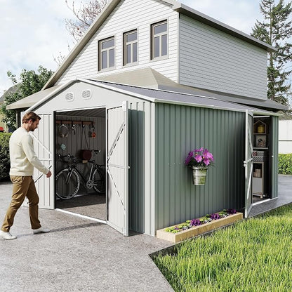 YOPTO 12X10 FT Metal Outdoor Storage Shed W/Flower Pot Stand,White | 3 Lockable Doors,Air Vent,Sloped Roof,Reinforced Structure,Waterproof Outdoor Shed for Garden,Patio,Backyard,Lawn