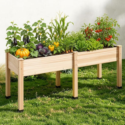 AMERLIFE Raised Garden Bed, 72x24x30 Inches Elevated Wood Planter Box with Bed Liner, Legs, Divider, Drainage Holes, Stand for Backyard, Patio, 350 Lb Capacity - Light Wood