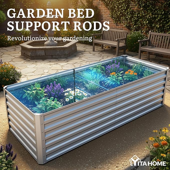 YITAHOME 4pcs 6x3x2ft Galvanized Raised Garden Bed, Metal Planter Box with Safety Rubber, Gloves, Outdoor Flower Bed for Planting Plants Vegetables, Silver
