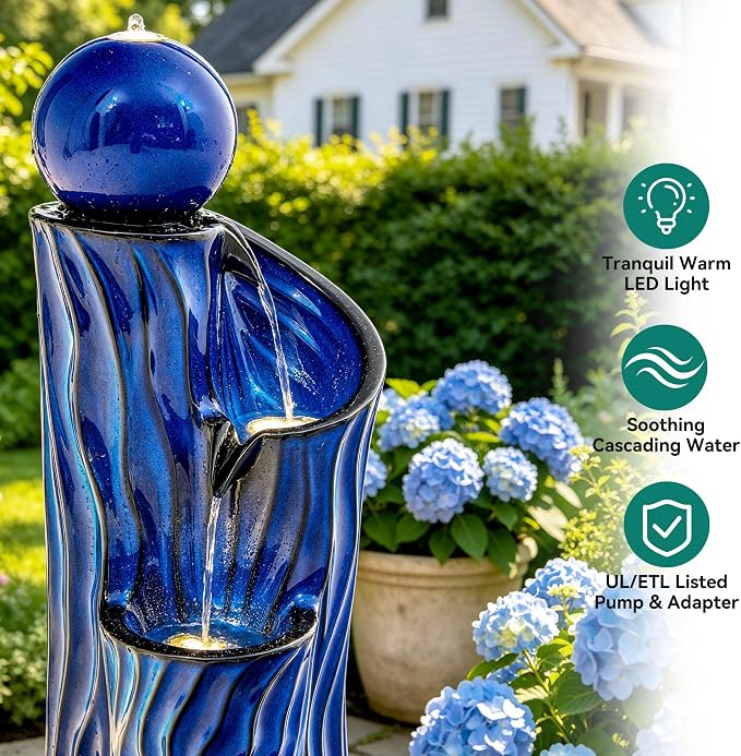 32" H Ceramic Outdoor Water Fountain with LED Lights, 3-Tier Cascading Sphere Water Feature, Tranquil Waterfall for Relaxing Garden, Patio, Yard, or Porch, Cobalt Blue, Dynamic Wave-Texture