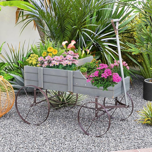 HAPPYGRILL Wooden Wagon Planter, 24.5” x 13.5” x 24” Decorative Garden Planter w/ 2 Planting Sections, Wheels, Handle, Small Decorated Cart, Flower Planter Box for Indoor Outdoor Patio (Grey)