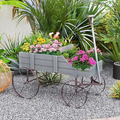 Wooden Wagon Planter, Decorative Flower Pots w/ 2 Planting Sections, Wheels & Handle, Rustic Farmhouse Garden Planter Box for Patio, Yard, Porch (Grey)