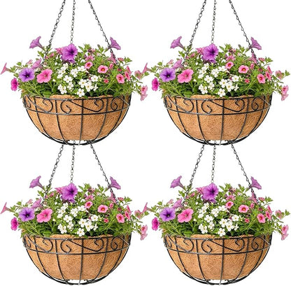 4 Pack Hanging Planter for Outdoor Plants 12 inch Metal Hanging Flower Basket with Coco Coir Liner Round Wire Plant Holder Chain Flower Pots Outdoor Garden Decoration Watering Hanging Baskets（HB）