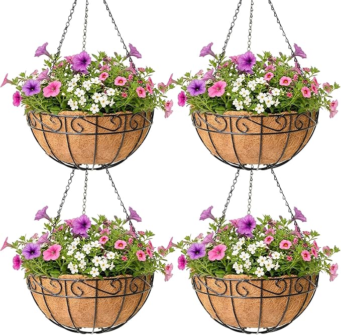 4 Pack Hanging Planter for Outdoor Plants 14 inch Metal Hanging Flower Basket with Coco Coir Liner Round Wire Plant Holder Chain Flower Pots Outdoor Garden Decoration Watering Hanging Baskets（HB）