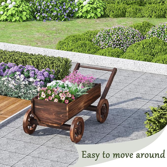 Wooden Wagon Garden Planter Cart with Wheels Rustic Flower Pot – Indoor Outdoor Patio Backyard Balcony Decor for Flowers and Plants(Large)