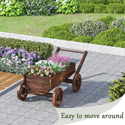 Wooden Wagon Garden Planter Cart with Wheels Rustic Flower Pot – Indoor Outdoor Patio Backyard Balcony Decor for Flowers and Plants(Large)