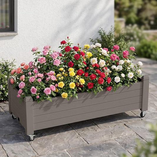 Fancyango Raised Garden Bed with Wheels 13.3" Hx2 -Gray | Resin Elevated Garden Planter Box with Drainage, Outdoor Planter Box for Veggies Herbs Patio Balcony Backyard