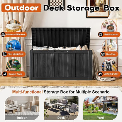 Outdoor Storage Box, Resin Deck Boxes Indoor and outdoor, Waterproof Storage Box Lockable Lid (Black, 85 Gallon)
