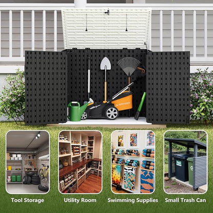 Greesum Outdoor Trash Can Storage Shed, 34 Cu.ft Waterproof Horizontal Storage Shed, Portable Horizontal Resin Storage Shed for Garden, Backyard, Patio, Dark Black
