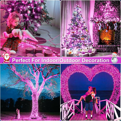100FT 300 LED Christmas Lights Outdoor, Plug in Christmas Tree Lights Waterproof, 8 Modes Connectable Green Wire String Lights for Outside Indoor Patio Garden Holiday Party Decorations, Pink