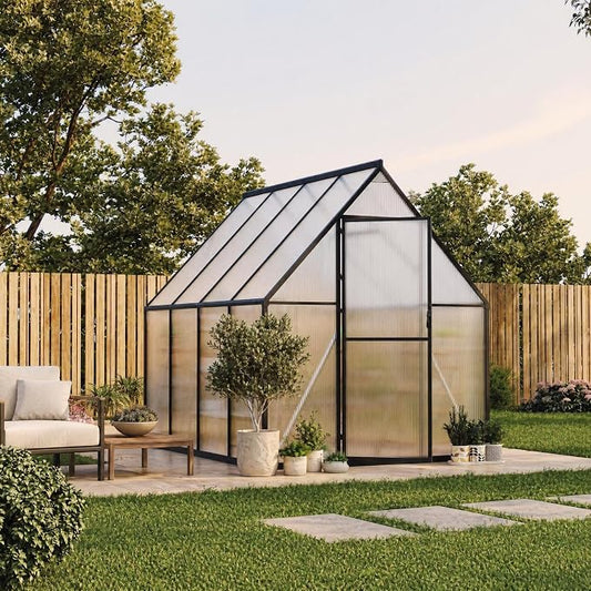 CABIHOME 8x12 FT Outdoor Greenhouse, Polycarbonate Greenhouse with Roof Vent and Ground Nails, Aluminum Large Walk-in Green House w/ Lockable Push Door for Outdoor Garden (Silver - 1, 6x7 FT)