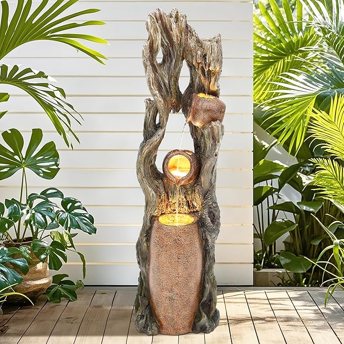 AUTODAYA 42.7" 3-Tier Outdoor Water Fountain LED Tree Trunk Jar Waterfall | Rainforest feature,terra-cotta jar accents, garden patio yard decor