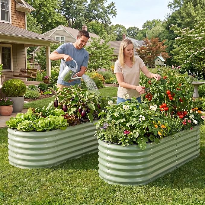 2 Pack Raised Planter Beds for Outdoor Gardening, 17" Tall 4 in 1 5x2ft Galvanized Raised Garden Bed for Deep Root Vegetables Flowers Herbs - Olive Green