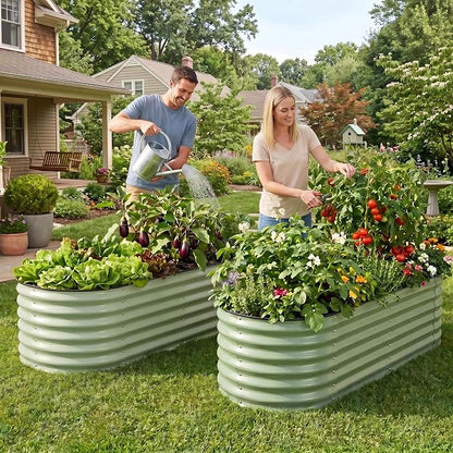 2 Pack Raised Planter Beds for Outdoor Gardening, 17" Tall 4 in 1 5x2ft Galvanized Raised Garden Bed for Deep Root Vegetables Flowers Herbs - Olive Green
