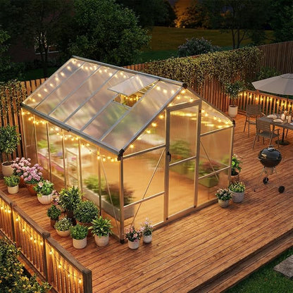 Garvee 8x12ft Walk-in Greenhouse, Heavy Duty Large Outdoor Green House | Polycarbonate Garden Greenhouse with Roof Vent, Lockable Outward-Opening Swing Door & Aluminium Frame for Backyard, Sliver