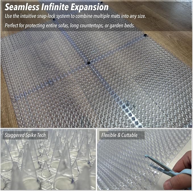 12 Pack Cat Spike Mat with High-Low Spikes, Interlocking Scat Mat for Cats and Dogs, Clear Cat Deterrent Mat for Indoor Countertop & Furniture, Outdoor Garden Dog Digging Stopper
