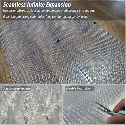12 Pack Cat Spike Mat with High-Low Spikes, Interlocking Scat Mat for Cats and Dogs, Clear Cat Deterrent Mat for Indoor Countertop & Furniture, Outdoor Garden Dog Digging Stopper