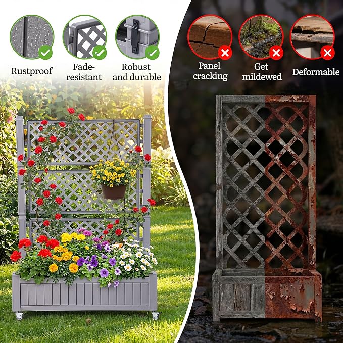 YITAHOME 43.3x17.7x61 in Planter Boxes Outdoor with Trellis, Resin Raised Garden Bed with Wheels & Drain Plug for Climbing Plants, Weather-Resistant Design Elevated Garden Bed with Trellis, Brown