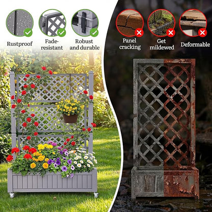 YITAHOME 43.3x17.7x61 in Planter Boxes Outdoor with Trellis, Resin Raised Garden Bed with Wheels & Drain Plug for Climbing Plants, Weather-Resistant Design Elevated Garden Bed with Trellis, Brown