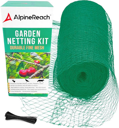 AlpineReach Garden Netting 15 x 30 ft Heavy Duty Bird Net, Deer, Plant Protection Extra Strong Woven Mesh, Reusable Kit with Zip Ties, Animal Fencing for Fruits Trees, Green