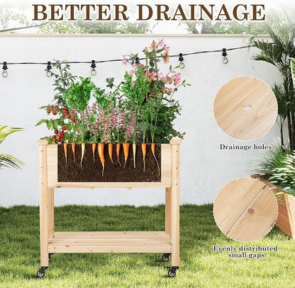 Raised Garden Bed with Lockable Wheels, 32x16x32 inch Elevated Wood Planter with Storage Shelf Protective Liner for Vegetable Flower Herb Outdoor Balcony Patio Backyard, Natural