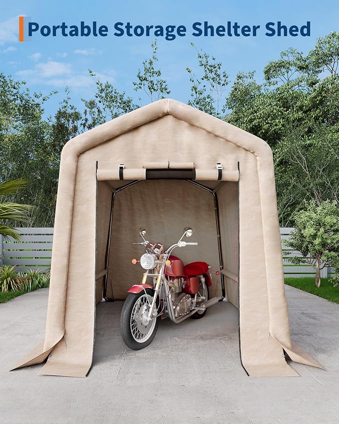 6x6FT Outdoor Portable Storage Shed with Roll-Up Door & Vent, 240G Heavy-Duty Shelter Waterproof PE Tarp, UV-Resistant Storage Sheds for Motorcycle, Firewood, Garden and Tools, Gray (Khaki, 6x6FT)