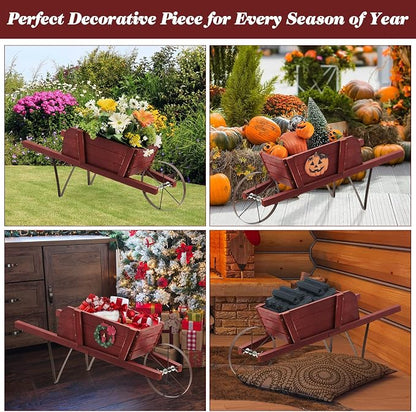 S AFSTAR Wood Wheelbarrow Planter, Flower Plant Pot Wheelbarrow Cart w/Metal Wheel & 9 Replaceable Magnet Accessories, Wooden Wagon Planter Wheelbarrow Decor for Outdoor Garden Backyard (Red)