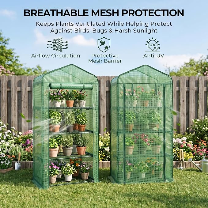 Worth Garden 4 Tier Mini Greenhouse - 63'' H x 27'' L x 19'' W - Sturdy Portable Gardening Shelves with Durable PE Cover w/ Roll-Up Zipper Door- Small Green House Indoor & Outdoor for Plants Flowers