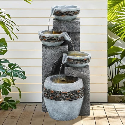 19.5" H 4-Tier Indoor & Outdoor Water Fountain with LED Lights | Resin Pebble Textured Tabletop Cascading Water Feature, Relaxing Decor for Patio, Porch, Deck, Yard & Home