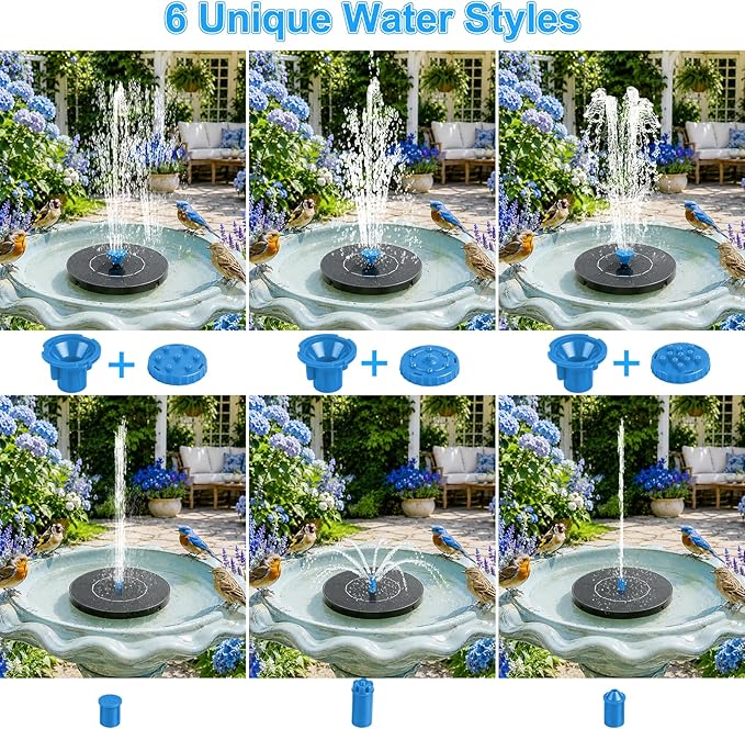 3.5W Solar Fountain Pump, Solar Bird Bath Fountain with 6 Blue & 6 Black Nozzles, Solar Water Pump for Outdoor Garden Patio Small Pond Fish Tank Landscape Decoration