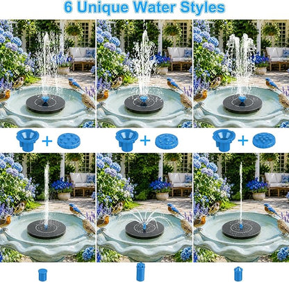 3.5W Solar Fountain Pump, Solar Bird Bath Fountain with 6 Blue & 6 Black Nozzles, Solar Water Pump for Outdoor Garden Patio Small Pond Fish Tank Landscape Decoration
