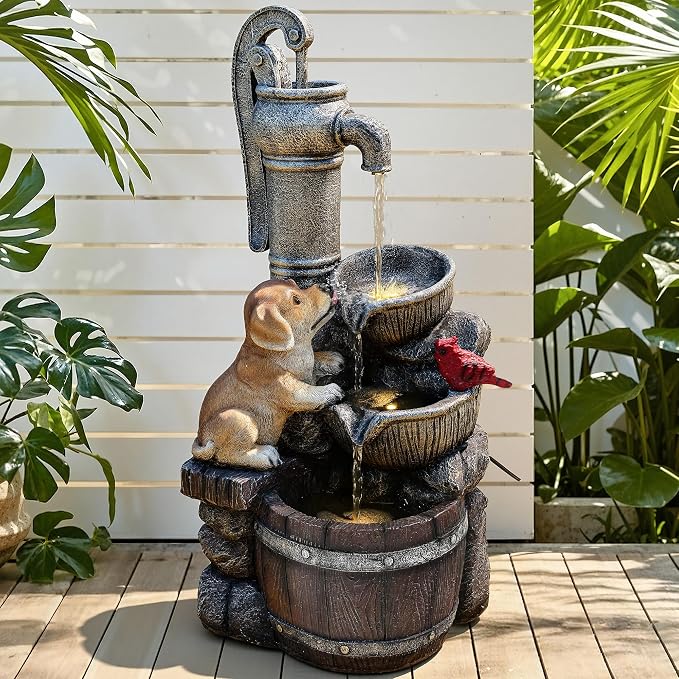 30" Puppy & Red Bird Outdoor Fountain, 3-Tier Pastoral Water Feature with LED Lights, Resin Two Bowls & Wooden Barrel Soothing Cascading Waterfall for Patio, Backyard, Garden | Pastoral Two Bowls & Wooden Barrel Water Feature Outdoor, 3-Tiers Soothing ...
