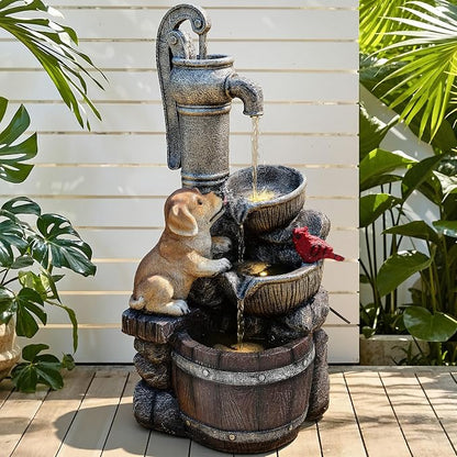 30" Puppy & Red Bird Outdoor Fountain, 3-Tier Pastoral Water Feature with LED Lights, Resin Two Bowls & Wooden Barrel Soothing Cascading Waterfall for Patio, Backyard, Garden | Pastoral Two Bowls & Wooden Barrel Water Feature Outdoor, 3-Tiers Soothing ...