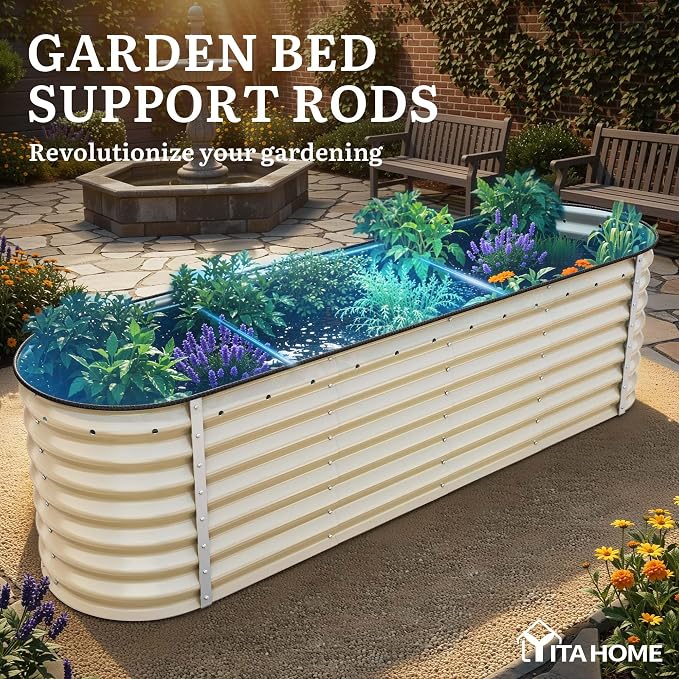 YITAHOME 8x2x2ft Galvanized Oval Raised Garden Bed, Metal Planter Box with Safety Rubber, Gloves, Outdoor Flower Bed for Planting Plants Vegetables, Cream Yellow